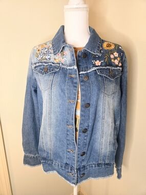 Embroidered Blue Denim Jacket - Floral Jean Jacket